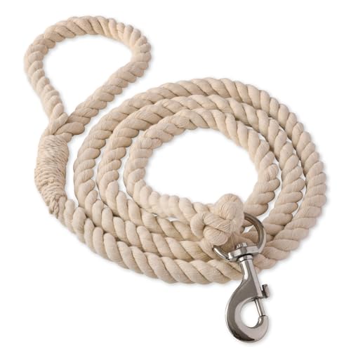 Pet Passion Organic Cotton Dog Leash with Durable Twisted Rope 6 ft. for All Pet Breeds, Ivory, One Size