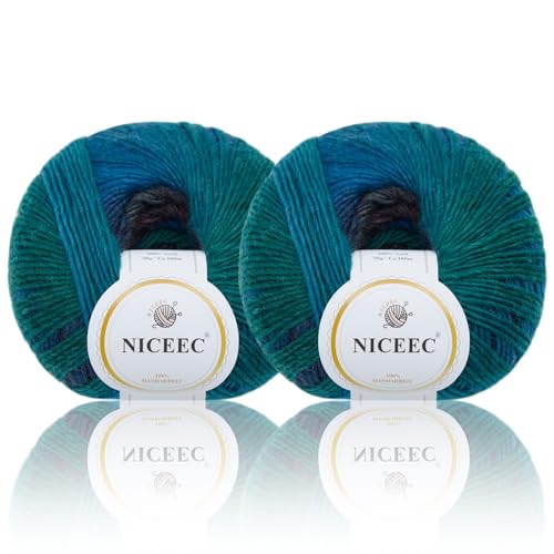 Image of NICEEC 2 Skeins Rainbow Soft Yarn 100% Wool Gradient Multi Color Yarn for Crocheting Knit Total Length 180mx2(196ydsx2,50gx2)-8#