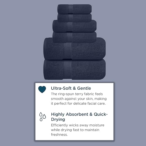 Image of Sulfar 100% Combed Cotton, 6 Pcs Towel Set - 2 Bath Towels (70 x 140 cm), 2 Hand Towels (40 x 70 cm) and 2 Washcloths (30 x 30 cm) (600 GSM, Pack of 6) Navy