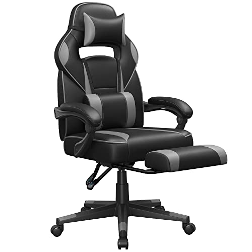 SONGMICS Racing Gaming Chair, Adjustable Office Chair with Footrest, Ergonomic Design, Headrest, Lumbar Support, 150 kg Weight Capacity, Ink Black and Dove Grey OBG073B13