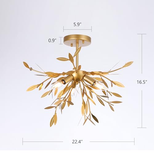 Wellmet Gold Leaf Semi Flush Mount Light, 3-Light Modern Farmhouse Chandelier, Ceiling Light Fixture for Dining Room, Living Room, Bathroom, Kitchen, Entryway, Foyer, Hallway, W-22in by Wellmet - Used condition - Image 5
