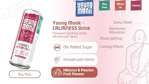 Image of YOUNG MONK Calmness Drink Hibiscus & Passion Fruit Flavour | Ready to Drink Refreshing Beverage | Zero Added Sugar | Floral Hibiscus with Tropical Passion Taste | for Home & Travel (Pack 8)