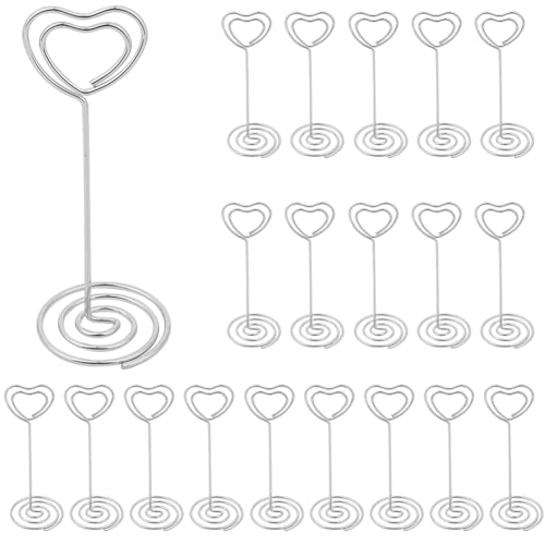 CREATCABIN 20Pcs 3.35 Inch Table Number Holders Stands Heart Place Card Holder Table Card Holder Picture Holder Wire Photo Holder Clips Table Sign for Memo Notes Centerpieces Wedding Birthday Silver