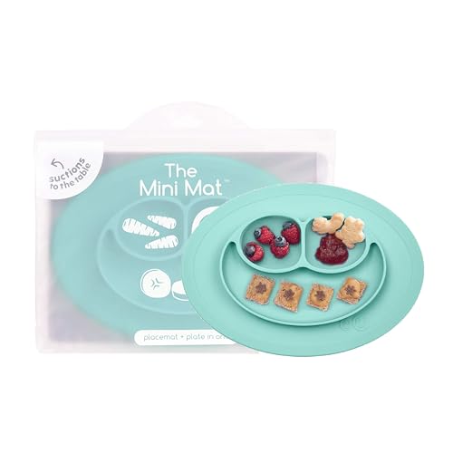 Image of ezpz Mini Mat for 12 Months+ (Aqua) - 100% Silicone Baby Plates with Suction and Built-in Placemat for Infants + Toddlers - Baby Led Weaning - For Highchair, Dining Table and Travel