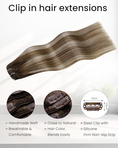 Image of LaaVoo Clip in Hair Extensions Real Human Hair, Ombre, 5pcs 18inch | Dark Brown to Light Brown with Light Blonde Hair, Natural, Double Weft, Silky Straight, 80g