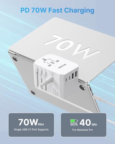 Image of Universal Travel Adapter, VINTAR 70W GaN International Power Adapter with 5 USB Ports (3 USB-C), All-in-one Travel Essentials Plug Adaptor, Travel Adapter Worldwide for UK /EU /USA /AUS, White
