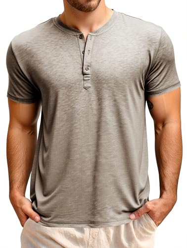 Runcati Men's Short-Sleeved Henley Shirt Summer Regular Fit Tops Men Crew Neck Plain Basic Shirt Casual Tee Tops with Button Placket, khaki, L