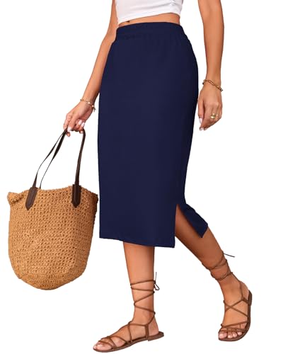 Image of Naggoo Midi Skirts for Women Summer Elastic High Waisted Side Slit Long Skirts
