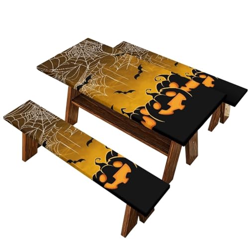 Binienty Halloween Pumpkin Bat Picnic Table Cover 6 Fit Halloween Outdoor Decor Spider Web Table Cover with Bench Covers Camping Accessories Windproof Oil Proof Outside Table Cloth,8 Foot