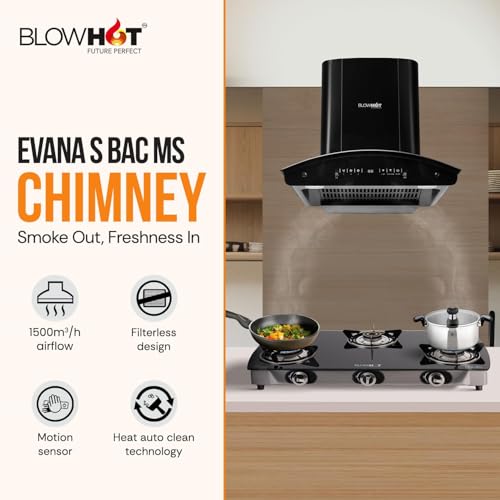 Image of BLOWHOT 60cm 1500 m /h Power Motion Sensor Kitchen Chimney with Installation Kit, Heat Auto Clean, Filterless Technology, 15-Year Motor Warranty by Blowhot - Evana S BAC MS