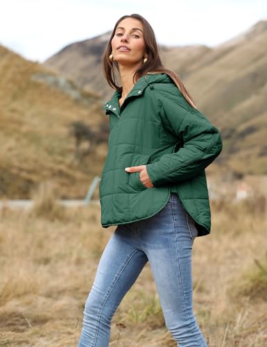 Women's Pullover Puffer Jacket Quilted Lightweight Dolman Sleeve Button Down Hooded Padded Coat with Pocket3