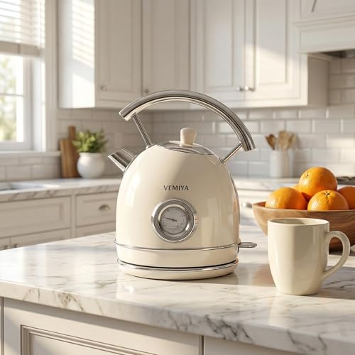 Tetera eléctrica retro 1.7 L acero inoxidable blanco miniatura 5