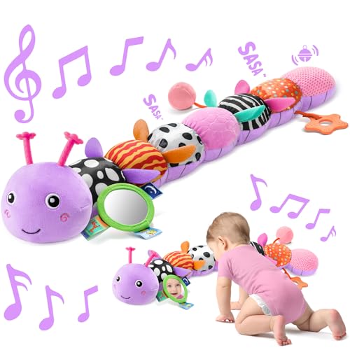Image of Sumobaby Baby Toys 0-6 6-12 Months, Music Caterpillar Plush Toy with Baby Mirror, Pull String&Crinkle Rattle,Infant Teething Toys,Tummy Time for 0-3-6-12 Month Boys Girls Newborn Gifts (Purple-Leaf)