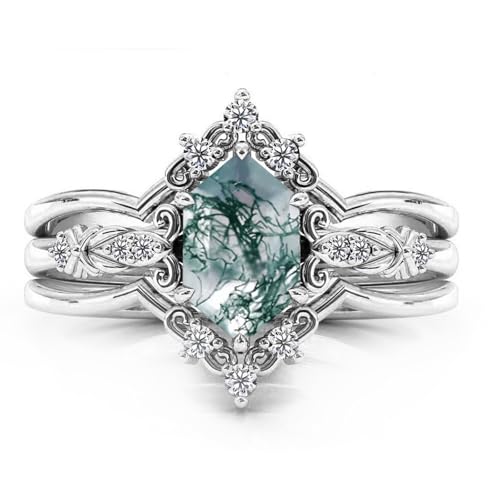 Natural Moss Agate Sterling Silver Rings Set - Leaf Art Deco Hexagon/Pear Moss Agate Engagement Wedding Promise Rings Set - Vintage Unique Bridal Ring Set for Women