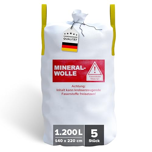 D-TACK 5x KMF Big Bag | 140 x 220 cm inkl. Hebeschlaufen | Mineralwollsack aus PP-Gewebe | UV-stabilisiert | Säcke für Mineralfaserabfälle Glaswolle und Isolierwolle | 1 m | 1200l