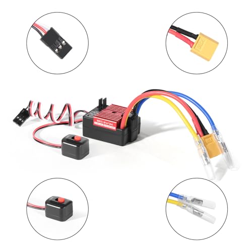 Hobby Fans 60A Brushed ESC 2-3S Electronic Speed Controller Waterproof ESC for 370 380 540 550 Brushed Motor 1/10 Remote Control Car Truck (Red)