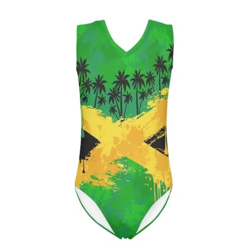 Jeiento Coconut Palm Girls Beach Surf Swimming Swimsuits Jamaican Flag Tie Dye Print Lightweight Training Bodysuit Fashion Dancing Unitard 9-10