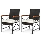 COSTWAY Patio Wicker Dining Chairs Set of 2, Outdoor Rattan Chairs with Backrest, Curved Acacia Wood Armrest...
