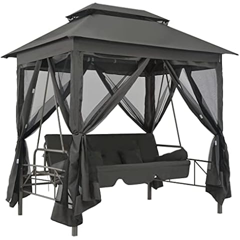 KOIECETA Pavillon Umwandelbare Schaukelbank Gartenschaukel mit Bettfunktion Hollywoodschaukel Hängeschaukel Dach Bettfunktion Gartenmöbel Liege (Anthrazit) Cover