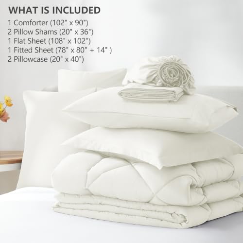 Image of CozyLux King Size Comforter Set Ivory - 7 Pieces Bed in a Bag King, Luxury Soft Bed Set for All Seasons, Bedding Set with Down Alternative Comforter, Sheets, Pillowcases & Shams