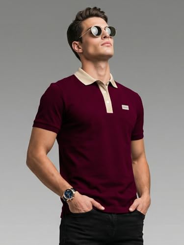Image of Veirdo Men's Polo T-Shirt Regular Fit, Half Sleeve Contrast Collar Tee, Solid Color Summer Wear, Comfortable Travel, Casual & Office Styling (Sizes S-2XL)