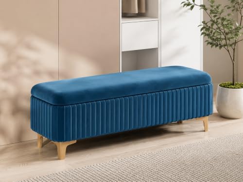 Image of LEGACY OF COMFORT Qwen Velvet Upholstered Flip Top Storage Bench 2 Seater Sofa Upholstered Ottoman Bench with Storage for Living Room, Bedroom (Blue)
