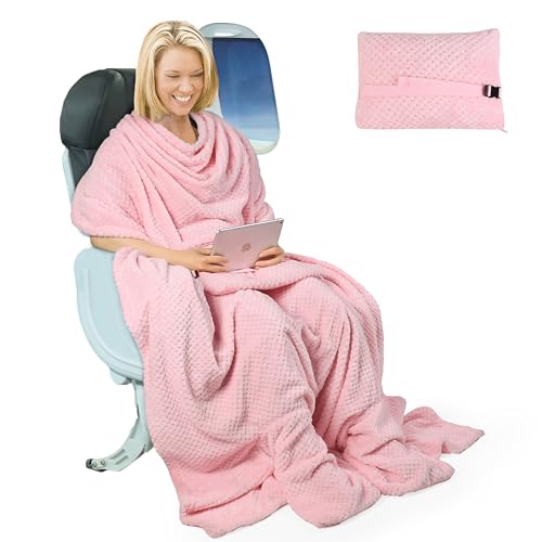 Tirrinia Travel Blanket and Pillow Set, Soft Compact Airplane Blanket with Foot Pockets, 4-in-1...