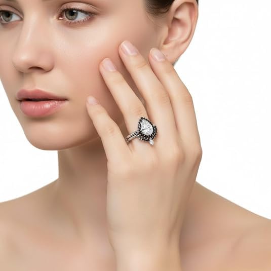 Image of 55Carat Choose Your Gemstone Bezel Pear Shape Halo CZ Diamond CZ Ring Sterling Silver Pear Shape Wedding Ring Sets Ornaments Surprise for Wife Symbol of Love Clarity Comfortable US Size 4 to 12