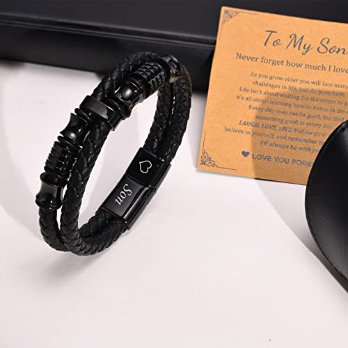 FLHEART Leather Bracelets Mens Gifts Jewellery - to My Son Dad Bracelet Handsome Premium Leather Black Stainless Steel Magnetic Clasp Cuff Bangle for Father's Day Graduation for Daddy Papa Son