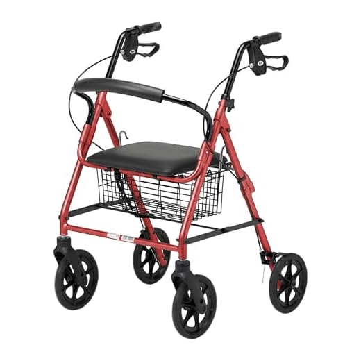 Homecraft Vierrädrigen Rollator Walker mit Kabel Bremsen, Gepolsterte Sitzfläche, Under Korb, Leichte faltbare Aluminiumrahmen, abschließbare Bremsen, Wandern Mobilitätshilfe, Schwenkräder, Rot