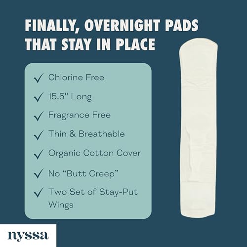 Image of Nyssa Organic Cotton Cover Overnight Pads, Super Absorbency - Extra Long Menstrual Pads with Wings, 15.5 Inch - Chlorine Free & Fragrance Free (2-Pack)