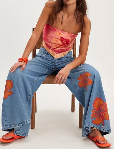 loveimgs Women Vintage Floral Printed Wide Leg Jeans Denim Palazzo Pants Baggy Y2k Patchwork Flower Flare Jeans Sweatpants2