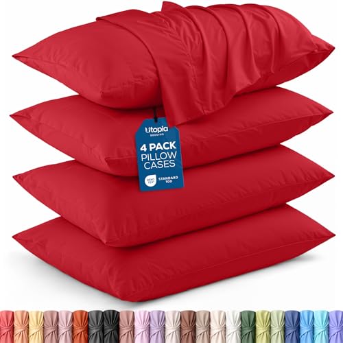 Utopia Bedding Standard Pillow Cases - 4 Pack - Envelope Closure - Soft Brushed Microfiber Fabric - Shrinkage and Fade Resistant Pillow Covers Standard Size 20 X 26 Inches (Standard, Red)