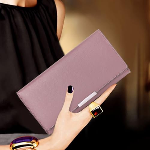 Business Wallet Card Cases Money Clips Women's Cowhide Long Wallets Genuine Leather Blocking Wallet Purse (Purple)2