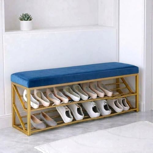 Image of Entryway Shoe Rack with Cushioned Seat, Shoe Bench for Entry, 2 Shelves Storage Bed Bench