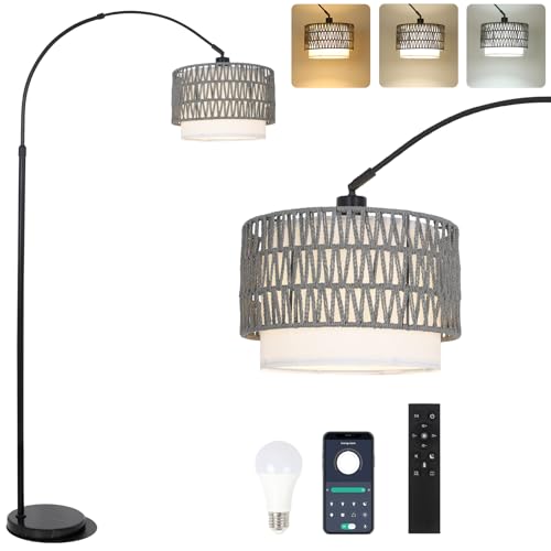 Image of Boho Floor Lamps for Living Room, Arc Floor Lamp for bedroom with Remote and Dimmable Bulb, Over Couch Standing Lamp, Farmhouse Tall Lamp with 3 Color Temperatures, Height Adjustable Corner Floor Lamp
