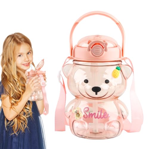 FairyPeach Botella de Paja de Oso Kawaii, Botella de Agua de Oso, Botella Agua con Pajita con Correas y Pegatinas, 1000 Ml, Ideal para Actividades Al Aire Libre y La Escuela (Rosa)