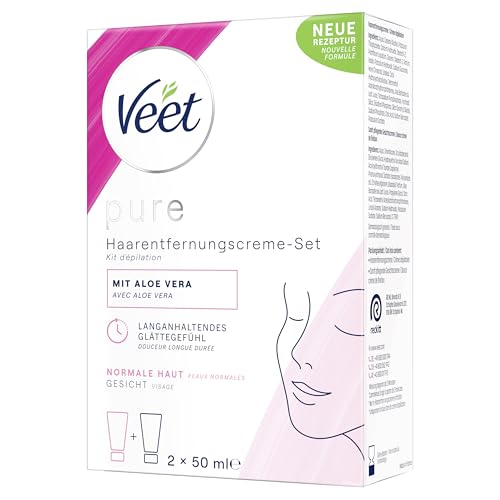 Veet Pure Haarentfernungs-Set Gesicht - Für Oberlippe Wangen & Augenbrauen normale Haut - Mit Bio Aloe-Vera Vegan - 50 ml Enthaarungscreme 50 ml Pflegecreme & Spatel