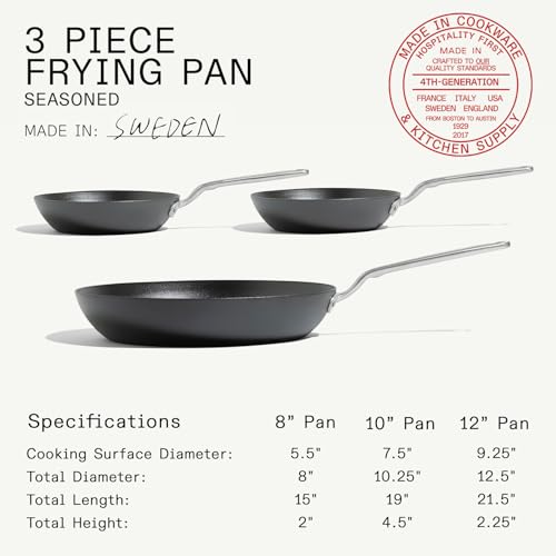 Image of Made In Cookware - 3 Piece (Includes 8 inch,10 inch,12 inch) Seasoned Carbon Steel Frying Pan - Professional Cookware - Crafted in Sweden - Induction Compatible