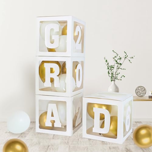 2026 Graduation Decorations - 4Pcs White Balloon Boxes with Letters 2026&Grad for Preschool Kindergarten Middle High School College Graduation Party Decorations Class of 2026