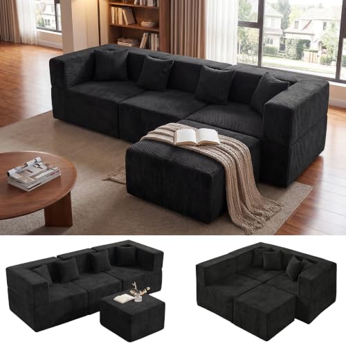 Image of MONVANE 103'' Oversized Boneless Sectional Couches for Living Room, 4-Seat L Shaped Cloud Couch, Modular Sofa with Ottoman & 4 Throw Pillows, Comfy Chenille, No Assembly Required, Black