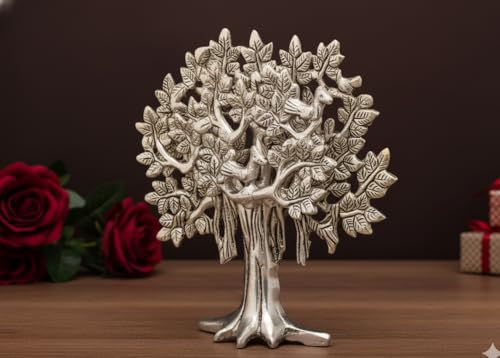 Image of Metal Kalpavriksha Tree for Home Decor - Golden Wish Fulfilling Tree Metal Showpiece for Temple, Vastu, Office Table & Gifting Banyan (No 2 Silver)