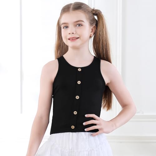 Image of B&GCozy Girls Crop Tops Cute Button Shirt Sleevelss Yoga Dance 6-15 Year