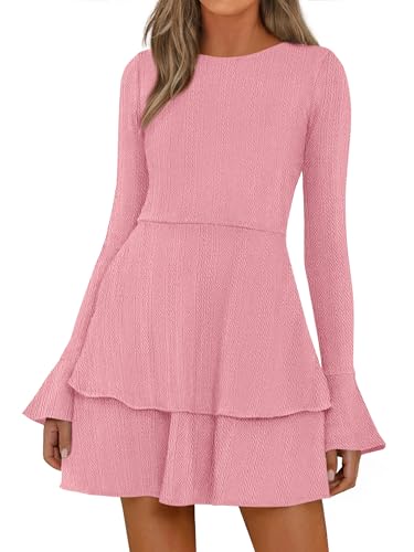 PRETTYGARDEN Womens Fall Fashion 2025 Long Bell Sleeve Mini Sweater Dress Casual Crewneck A Line Knit Short Cocktail Dresses