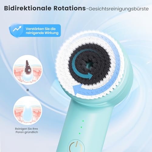 Elektrische Gesichtsbürste mit 2 Drehrichtungen, 3 IN 1 Gesichtsreinigungsbürste Wiederaufladbar mit 3 Aufsätzen & 3 Geschwindigkeiten für alle Hauttypen für Exfoliation Poren