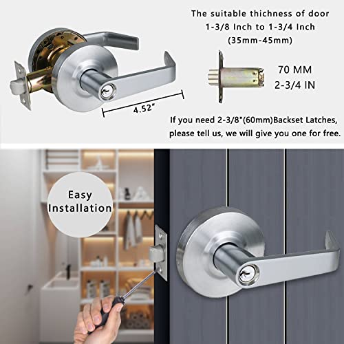 Heavy Duty Grade 2 Passage Door Lever, Satin Chrome Finished Non-Locking Commercial Door Handle, Ul 3 Hour Fire Rated Ergonomic Lever For Hall And Closet Door, 70Mm Latch #TOP3