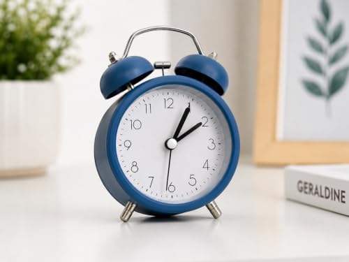 Image of Classic Twin Bell Analog Alarm Clock Retro Metal Table Clock with Night Light and Loud Mechanical Ringer for Bedroom Office and Heavy Sleepers Dark Blue
