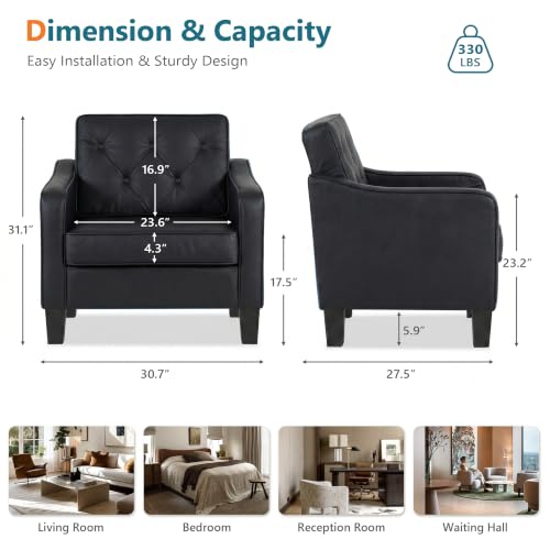 Image of Black Accent Chairs Set 2, Faux Leather Armchair, Mid Century Modern Lobby | STHOUYN Waiting Room Chairs, Tufted Back Upholstered, 330LBS Capacity, Office Guest Chairs Living Room Bedroom