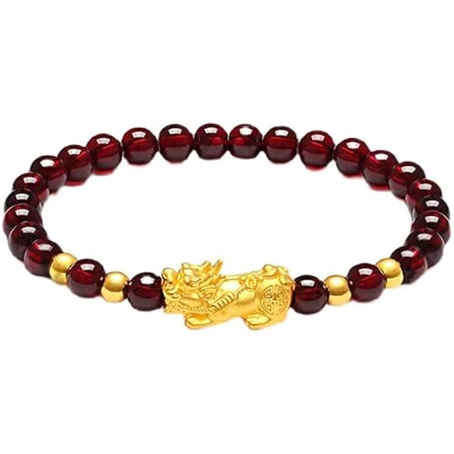 HWJQ Pixiu Garnet Beaded Bracelet Feng Shui Pixiu Wealth Bracelet Stackable Pi Xiu Red Bead Crystal Bracelets Stretch for Women Men Lucky Jewelry