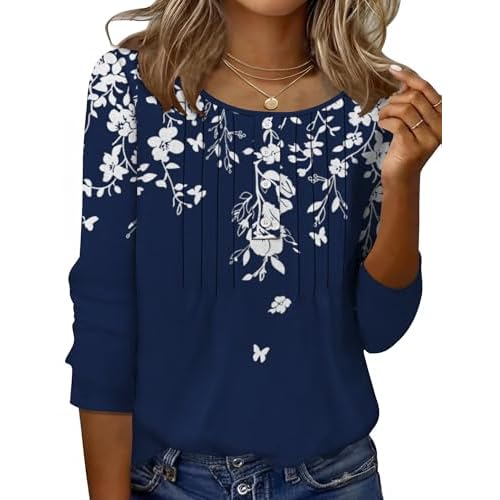 Ivicoer Women's 3/4 Length Sleeve Tops Crewneck Button Pleated Dressy Casual Blouses